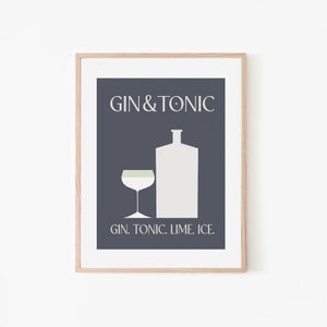 Gin Tonic Cocktail Classic Recipe Art Minimalist Grey Room Retro Cocktail Poster Alcohol Art Print Grey Bar Art Gin Cocktails image 1