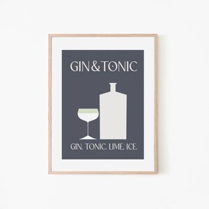 Cóctel Gin Tonic Receta clásica Arte Minimalista Habitación Gris / Cartel de Cóctel Retro / Impresión de Arte de Alcohol / Arte de Barra Gris / Cócteles de Ginebra