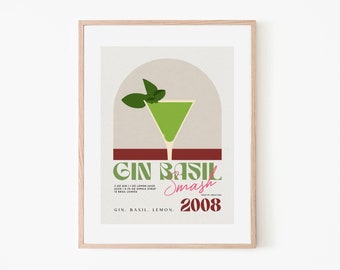 Gin Basil Smash Cocktail 2008 Classic Recipe Bar Art | Retro Cocktail Poster | Wall Art Gift | Gin Basil Poster | Hamburg Bar | Cocktail Art