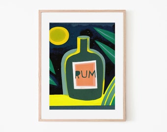 Bouteille de rhum de nuit tropicale Art abstrait minimaliste de bar à la maison | Affiche de cocktail rétro | Impression d'art d'alcool | Art de la barre d'accueil | Bar à rhum | Art Tropique