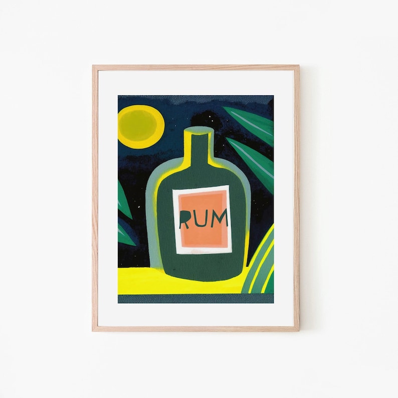 Tropical Night Rum Bottle Abstract Minimalist Home Bar Art Retro Cocktail Poster Alcohol Art Print Home Bar Art Rum Bar Tropic Art image 1