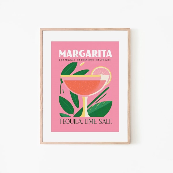 Margarita Cocktail Pink Room | Home Bar Recipe | Tropical Wall Art | Beach House Decor | Vacation Poster | Pink Margarita | Tequila Vintage