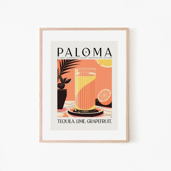 Paloma Cocktail Art Recipe Orange Room | Retro Cocktail Poster | Alcohol Art Print | Bar Printable | Artwork Gift for Bartender