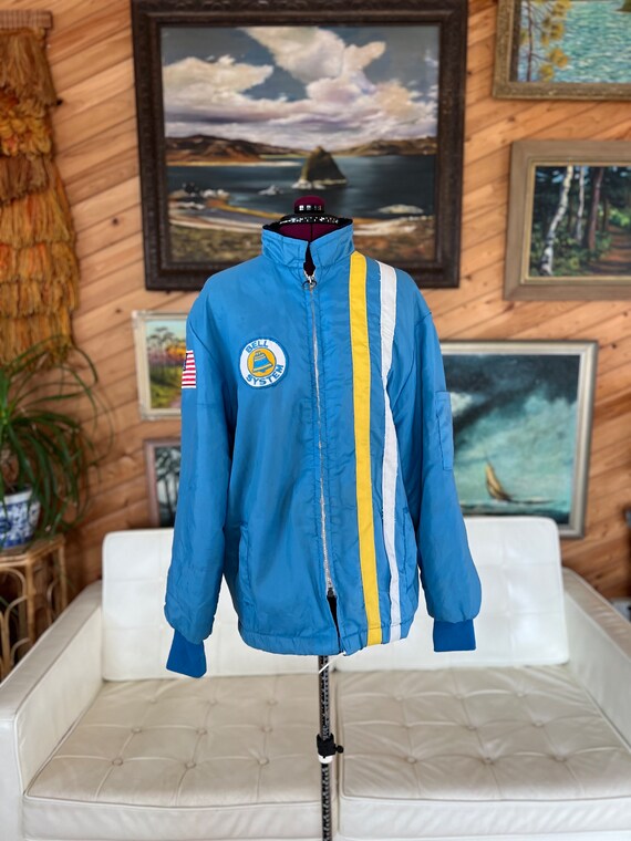Blue jacket with yellow stripes hotsell