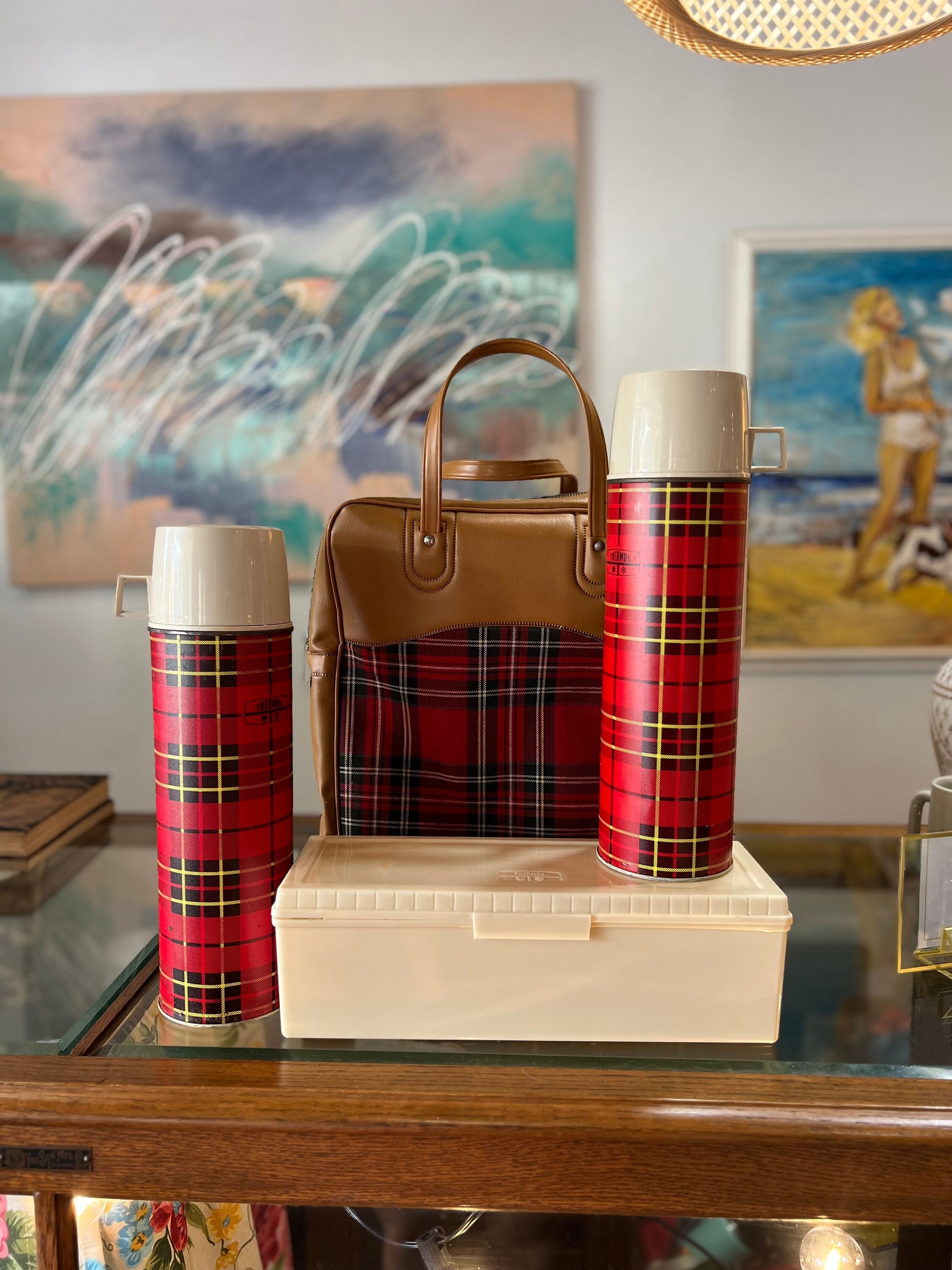 Vintage Thermos Bottles Tartan Plaid Carrying Case Picnic Set 70's