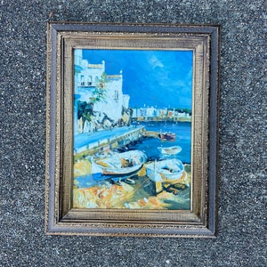 Painting of Fishing Boats in a Harbor by M. Santos