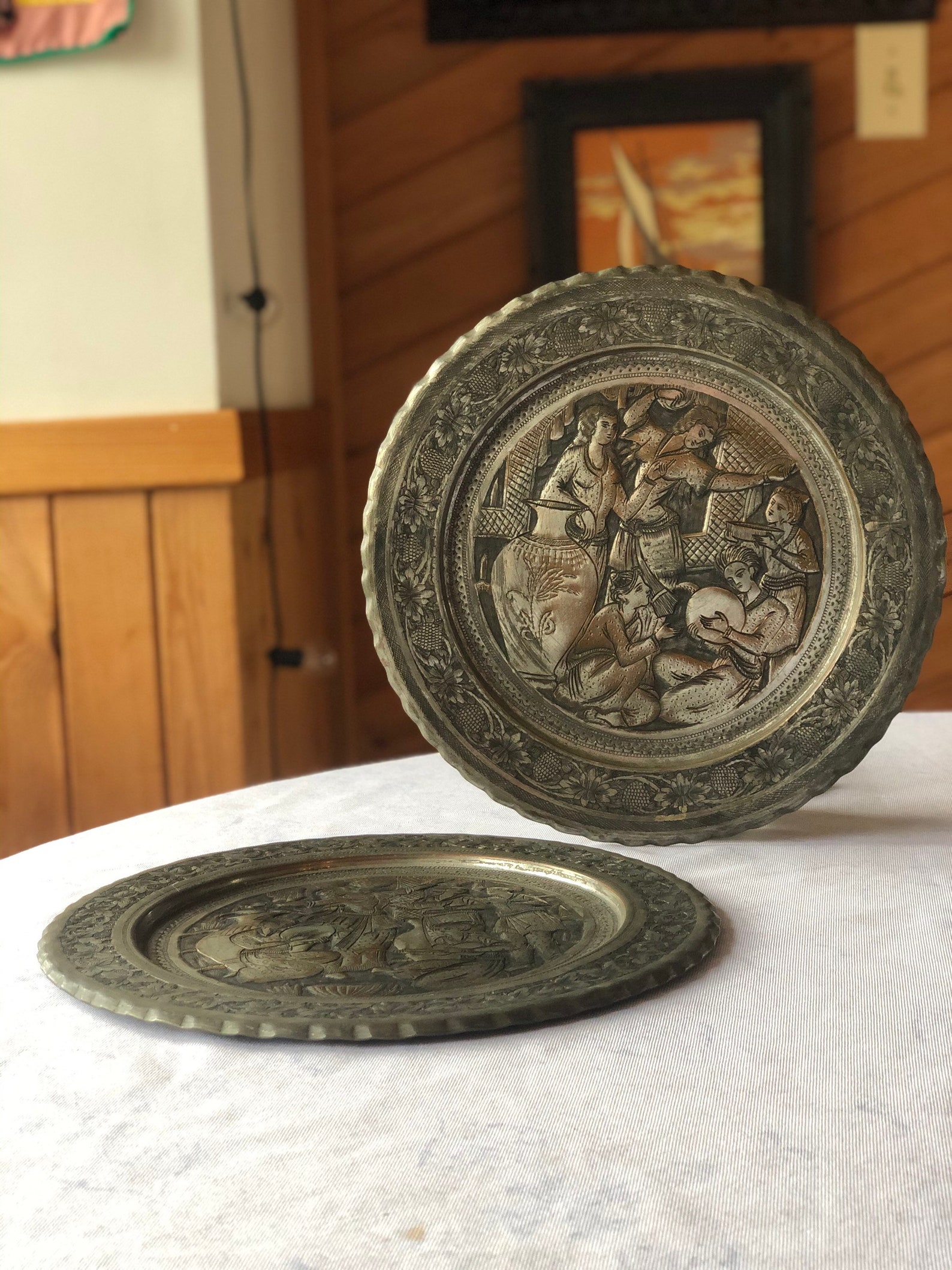 Pair of Vintage Embossed Tin Metal Plates Etsy
