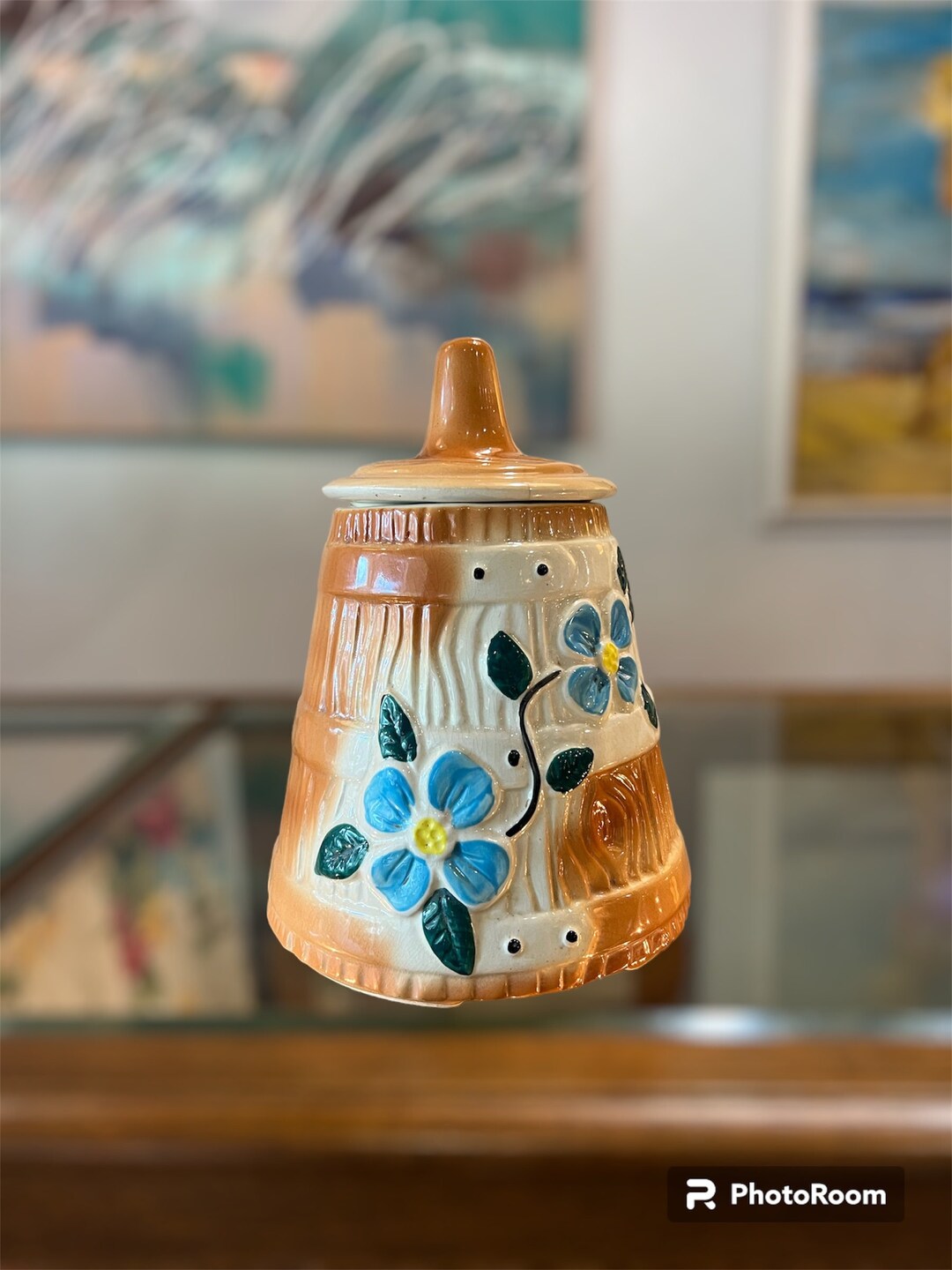 Vintage Ceramic Butter Churn Cookie Jar Canister With Blue Etsy