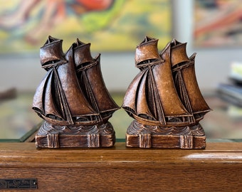 Vintage Wooden Syroco Ship Bookends