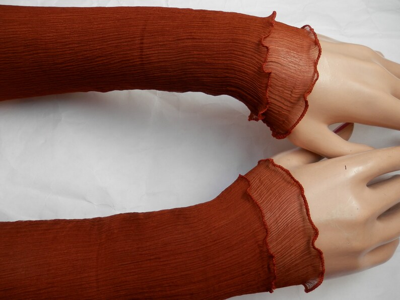 Arm warmers made of crinkle silk, plain orange, rust orange, hand warmers, wrist warmers image 2