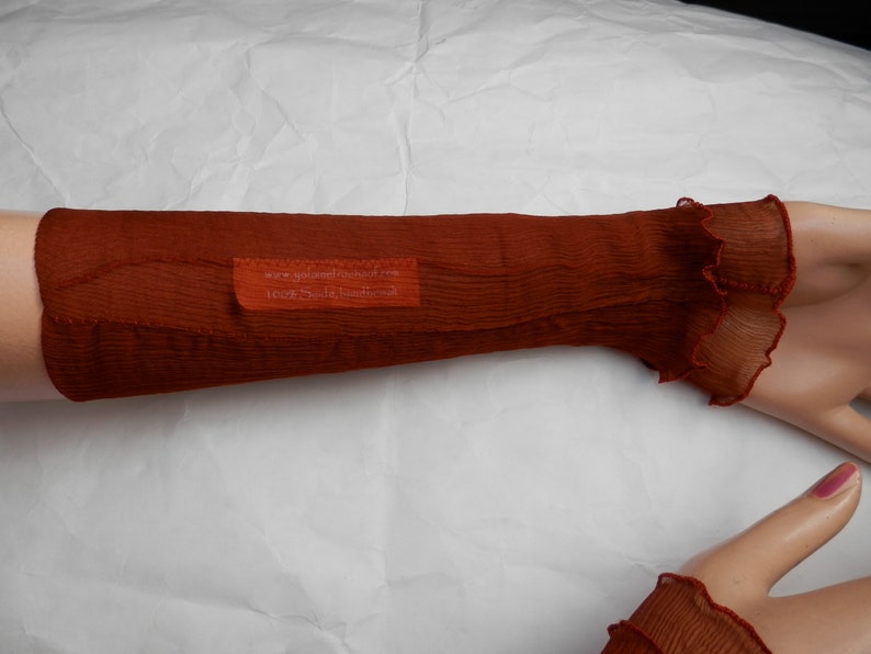 Arm warmers made of crinkle silk, plain orange, rust orange, hand warmers, wrist warmers image 3