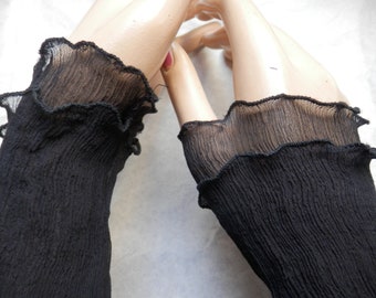 Ocieplacze na ręce, jedwab marszczony, jednolita czerń, ogrzewacze do rąk, ogrzewacze na nadgarstki