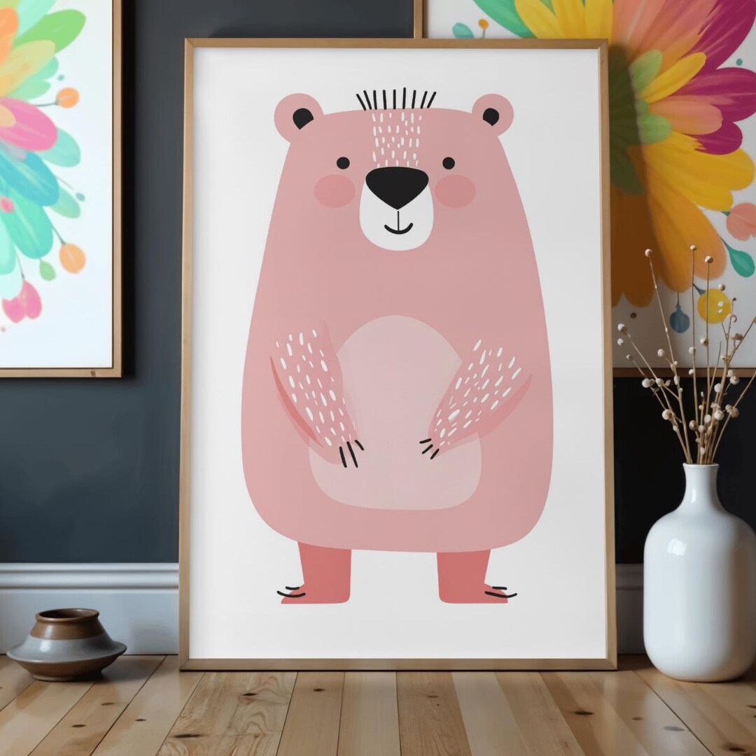 Pink Bear Wall Art Printable, Cute Nursery Animal Print, Kids Room ...