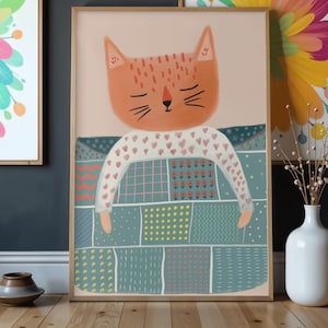 Sleepy Cat Wall Art Printable, Cute Nursery Animal Print, Kids Room Decor, Cozy Baby Room Wall Art, Digital Download