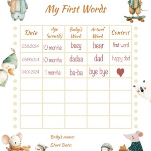 Baby First Words Tracker Chart, Speech Development Log, Memory Book Insert (Printable)