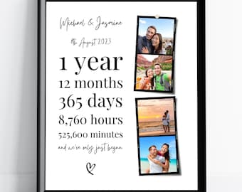 May include: A white framed print with a black border celebrating a couple's first anniversary. The print features a collage of four photos of the couple, along with the text "Michael & Jasmine", "8th August 2023", "1 year", "12 months", "365 days", "8,760 hours", "525,600 minutes", and "and we've only just begun".