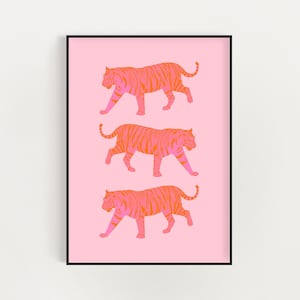 Arte de pared de tigre rosa anaranjado preppy, impresión de arte de tigre, decoración de pared moderna, arte de pared de tigre boho, arte de pared preppy rosa anaranjado, póster de moda Y2K