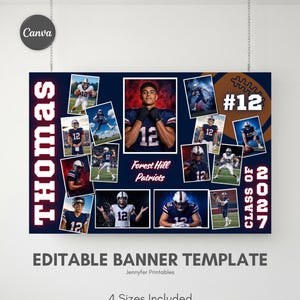 May include: A dark blue football banner template featuring multiple action photos of a player wearing jersey number 12. The text reads Thomas, Forest Hill Patriots, #12, and Class of 2027. The design includes a football graphic and white borders.