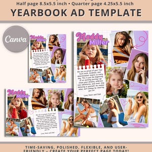 Może przedstawiać: Dostosowywalny szablon reklamy do rocznika ze  szmaragdowym tłem i kolażem zdjęć. Tekst głosi "Maddy Miller" i zawiera wiadomość od mamy i taty. Szablon jest dostępny w trzech rozmiarach: pełna strona, pół strony i ćwierć strony.