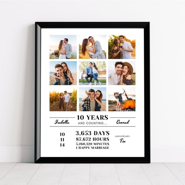 Panneau modifiable pour 10 ans d'existence, impression de collage de photos pour 10 ans de mariage, cadeau pour 10 ans de mariage, boîte métallique pour 10 ans de mariage