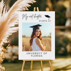 Modèle de panneau de bienvenue pour la remise des diplômes avec photo Canva, panneau pour la fête de remise des diplômes, tableau d'engagement pour le jour de la décision d'admission à l'université, Mon prochain chapitre commence à
