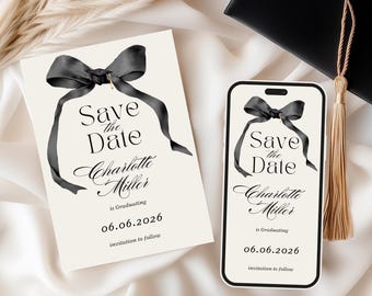 Plantilla de invitación minimalista para fiesta de graduación con lazo: