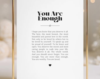 You Are Enough Printable Sign | Mental Health Encouragement Gift | Self Care Daily Affirmation | Instant Digital Download