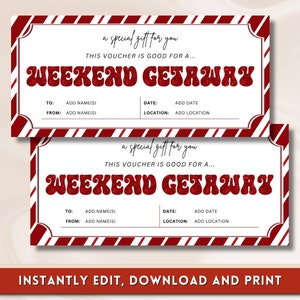 Printable Weekend Away Voucher Template, Weekend Getaway Voucher Ticket, Weekend Getaway Voucher, Template 8.5x4 INSTANT DOWNLOAD