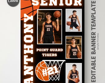 Poster per la serata dei senior di pallacanestro su Canva, modello di banner sportivo, grafica per la giornata dei media scolastici, decorazioni per il banchetto di pallacanestro, cartello regalo per i giocatori