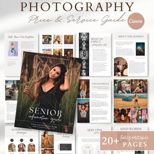 May include: A photography price and service guide with a black and white photo of a woman on the cover. The guide includes information about senior session packages, add-ons, investment, and what to expect from the photography style. The guide is fully editable and includes 20+ pages.