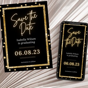 Bewerkbare Save The Date-sjabloon, Save The Date-sjabloon voor afstuderen, afstudeeraankondiging Save The Date, tekst en Save The Date-kaart