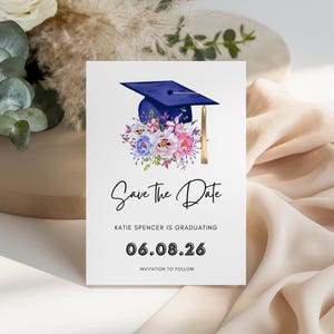 Minimalist Graduation Save The Date Template: Floral Cap (Digital)
