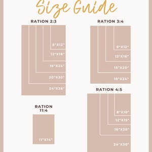 May include: A size guide for art prints with different aspect ratios: 2:3, 3:4, 4:5, and 11:4. The guide shows the dimensions of each ratio in inches, starting with 8x12 and going up to 24x36.