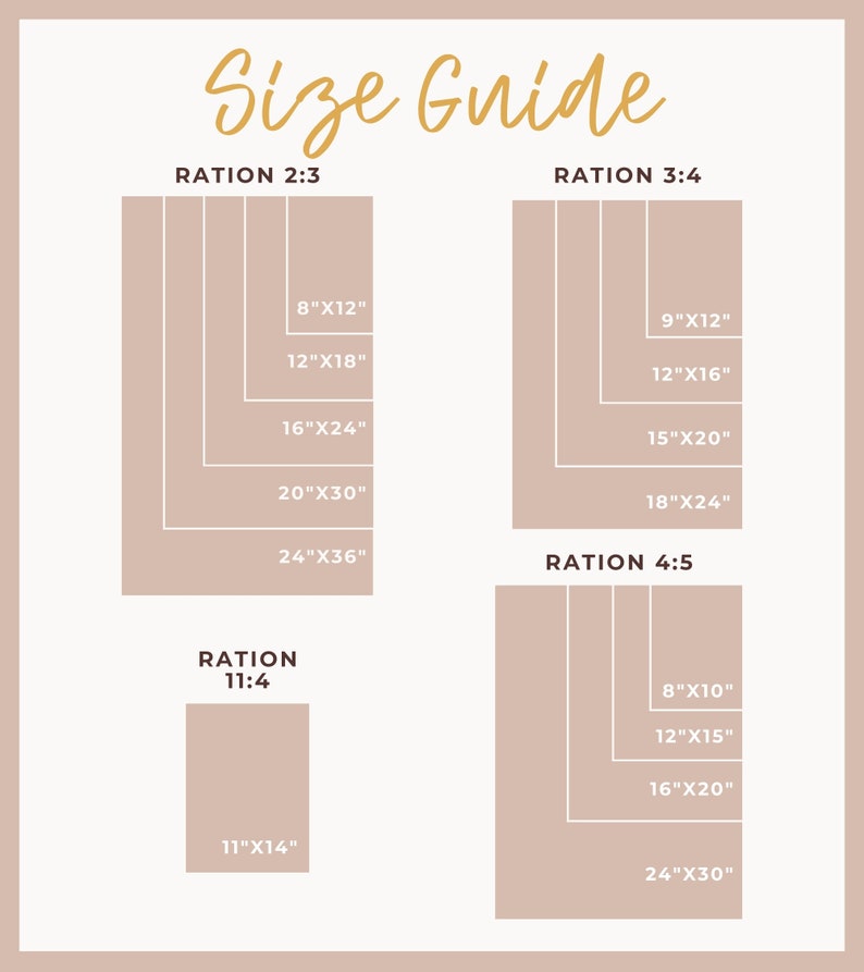 May include: A size guide for art prints with different aspect ratios: 2:3, 3:4, 4:5, and 11:4. The guide shows the dimensions of each ratio in inches, starting with 8x12 and going up to 24x36.
