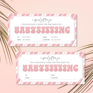 Babysitting Voucher Template, Pink Babysitting Coupon, Babysitting Coupon Digital, Printable Babysitting Coupon 8.5x4 INSTANT DOWNLOAD
