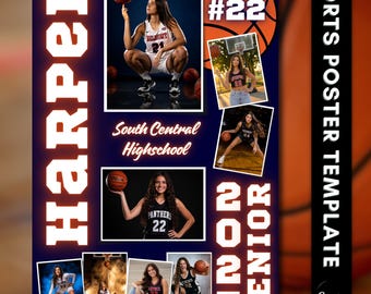 May include: A sports poster template featuring multiple photographs of a basketball player in uniform. The design includes the text HARPER, #22, South Central Highschool, 2027 SENIOR, and SPORTS POSTER TEMPLATE. The background is dark blue with a basketball graphic.