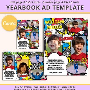 May include: A customizable yearbook ad template with a comic book theme. The template features a colorful background with speech bubbles, stars, and the words "Kaboom!" and "Wow!"  The template includes space for a photo and text. The text reads "Your future burns brighter than the sun. We couldn't be prouder of all that you've achieved and will achieve in the future. Love, Mom & Dad."