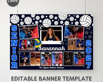 Pode incluir: Um modelo de banner de voleibol azul escuro com o texto Senior 2027, Savannah e The Byron Nelson Bobcats. O design inclui vários porta-retratos, ilustrações de bolas de voleibol brancas e gráficos de estrelas num fundo escuro.