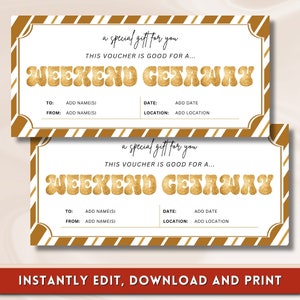 Weekend Getaway Voucher, Vacation Voucher Template, Weekend Getaway Voucher Ticket, Gold Printable Travel Voucher 8.5x4 INSTANT DOWNLOAD