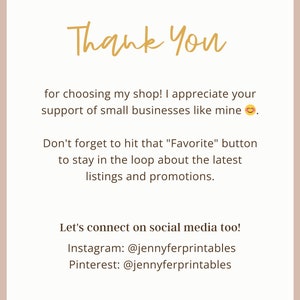 May include: A digital print with the words "Thank You" in gold script. The text encourages customers to support small businesses and connect on social media, with Instagram and Pinterest handles listed.