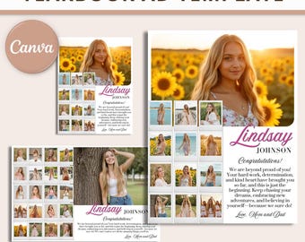 Plantilla de anuncio para anuario: página de homenaje a estudiantes de último año, página completa, media página o un cuarto de página (Canva)