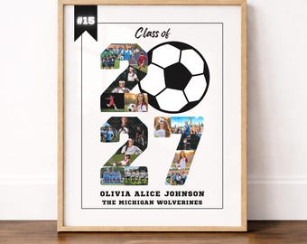 Sjabloon voor een poster voor de Senior Night van een voetbalteam (Canva), bord voor het laatste jaar van de eindexamenklas van 2027, fotocollage met sportfoto's, afstudeercadeau voor een speler