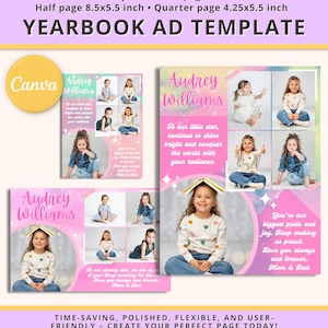 May include: Three customizable yearbook ad templates featuring a young girl with a pink and blue background. The text reads "Audrey Williams" and includes a message from Mom and Dad. The templates are available in full page, half page, and quarter page sizes.