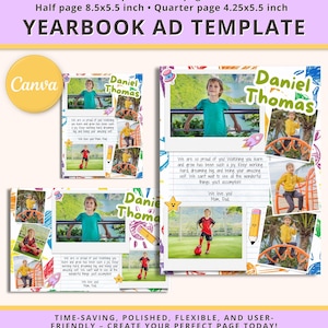 Może przedstawiać: Szablon reklamy w roczniku ze edytowalnymi szablonami w rozmiarach pełnej, pół i ćwierć strony. Projekt zawiera zdjęcia, tekst i imię "Daniel Thomas". Widoczne jest logo Canva. Tekst brzmi: "OSZCZĘDZAJĄCY CZAS, DOPRACOWANY, ELASTYCZNY I PRZYJAZNY DLA UŻYTKOWNIKA - STWÓRZ SWOJĄ IDEALNĄ STRONĘ JUŻ DZIŚ!"