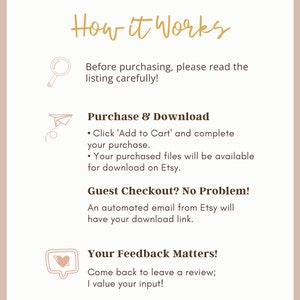 May include: A beige graphic with the text "How it Works" in gold script. The image details the purchase and download process, guest checkout, and feedback. Icons include a magnifying glass, paper airplane, and a speech bubble with a heart.