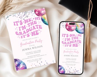 Pink Retro Graduation Party Invitation Template (Digital Download)
