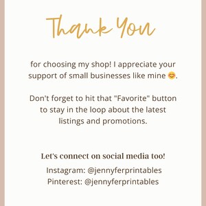 Puede incluir: &iexcl;Gracias por elegir mi tienda! Agradezco tu apoyo a las peque&ntilde;as empresas como la m&iacute;a. No olvides presionar el bot&oacute;n "Favorito" para mantenerte al tanto de las &uacute;ltimas listas y promociones. &iexcl;Conect&eacute;monos en las redes sociales tambi&eacute;n! Instagram: @jennyferprintables Pinterest: @jennyferprintables