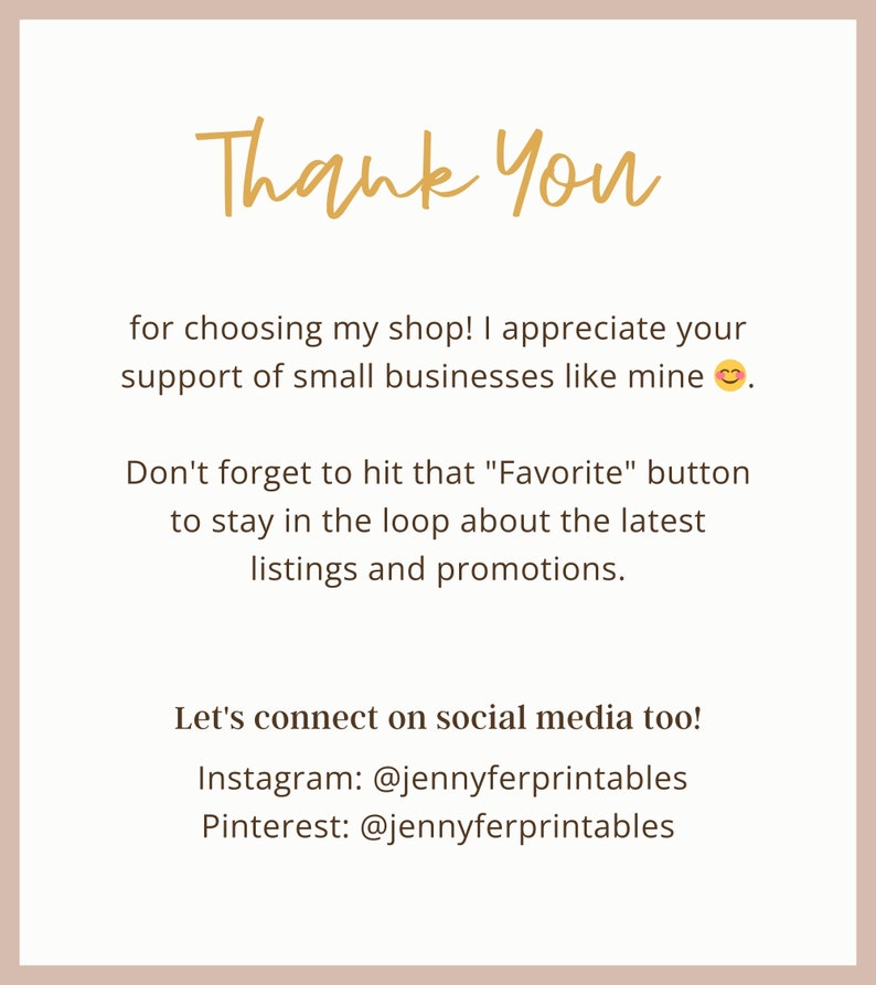 Puede incluir: &iexcl;Gracias por elegir mi tienda! Agradezco tu apoyo a las peque&ntilde;as empresas como la m&iacute;a. No olvides presionar el bot&oacute;n "Favorito" para mantenerte al tanto de las &uacute;ltimas listas y promociones. &iexcl;Conect&eacute;monos en las redes sociales tambi&eacute;n! Instagram: @jennyferprintables Pinterest: @jennyferprintables
