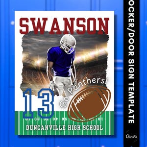 Könnte beinhalten: Eine weiße und blaue Schilder-Vorlage für Schließfächer/Türen mit dem Namen "SWANSON" in Burgunderrot. Das Schild zeigt einen Footballspieler in blauem Trikot, eine Football-Grafik und den Text "Go Panthers!" und "DUNCANVILLE HIGH SCHOOL".