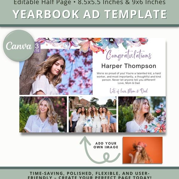 Editable Half Page Yearbook Ad Layout Senior Ad Yearbook Template Canva Elementary Yearbook Ad Half Page Customizable Graduation Yearbook Ad